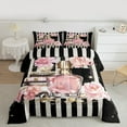 thumbnail image 2 of Fashion Pink Bedding King Size Modern Girly Black White Stripe Comforter Set, Women Pink Floral Bedding Comforter Sets Perfume Print Duvet Insert Romantic Makeup Themed Quilt, 2 of 7