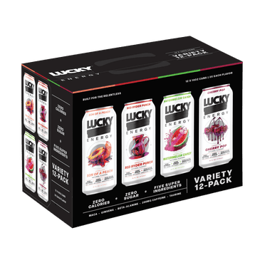 Lucky Energy Sugar Free Energy Drinks 16 oz Cans (12-pack), Variety Pack with Maca, Ginseng, Taurine, Beta-Alanine, 200mg Caffeine, Zero Calories