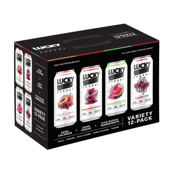 Lucky Energy Sugar Free Energy Drinks 16 oz Cans (12-pack), Variety Pack with Maca, Ginseng, Taurine, Beta-Alanine, 200mg Caffeine, Zero Calories