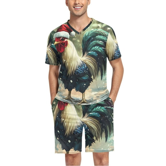 joogoo Men's Pajama Set Rooster on Christmas V-Neck Pj Shorts Set 2 Piece Loungewear Sleepwear L