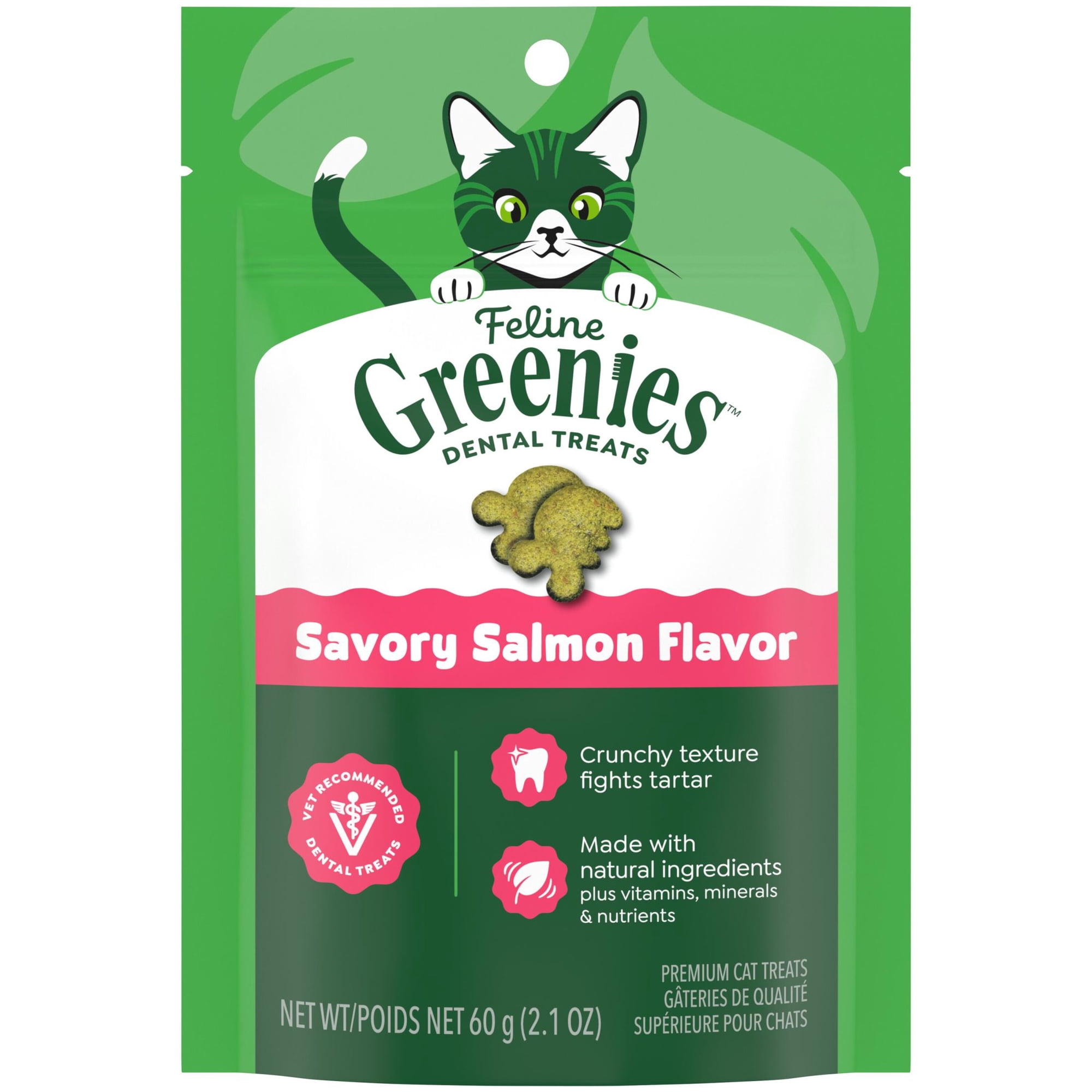 Greenies Feline Savory Salmon Flavor Adult Natural Dental Cat Treats, 2.1 oz Pouch