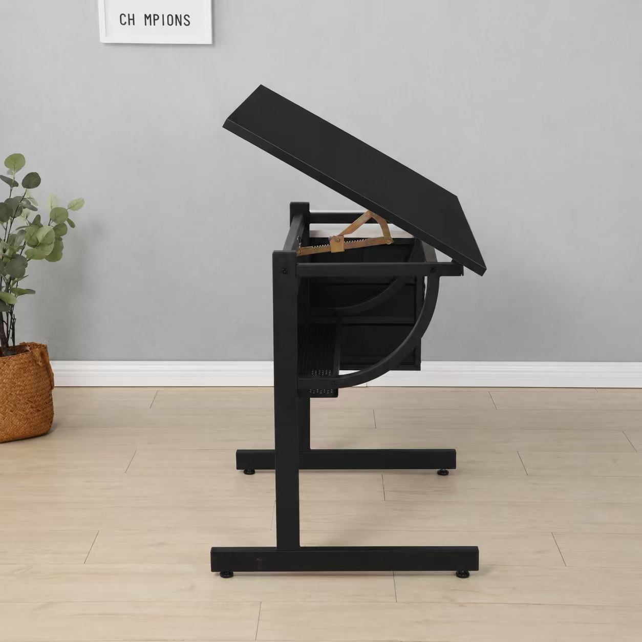 Black tabletop Adjustable drafting drawing table for Crafting, Reading, Writing with stool and 3 Storage drawers