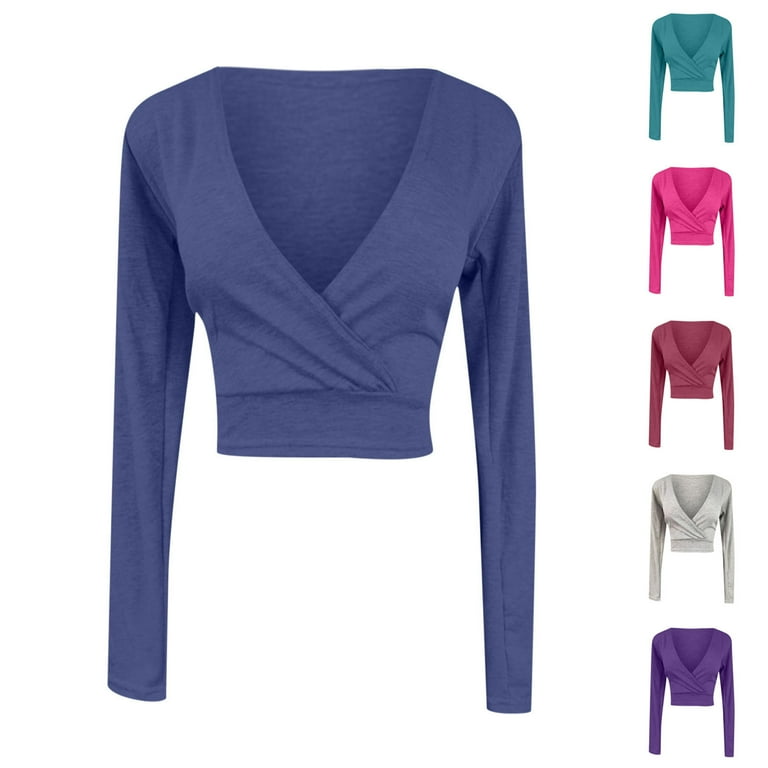 UYISJ Women's Crop Top Long Sleeve Deep V Neck T-Shirt Slim Fit