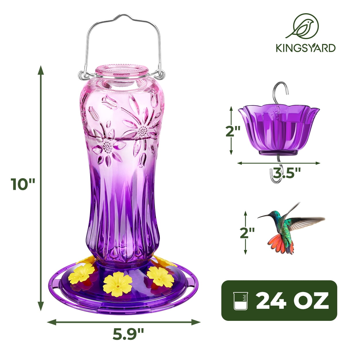 Kingsyard Hummingbird Feeder for Outdoors Hanging, 25 Ounces Leak Proof, Glass Humming Bird Nectar Feeder with Ant Moat & 6 Bee Guard Feeding Ports, Purple Gradient