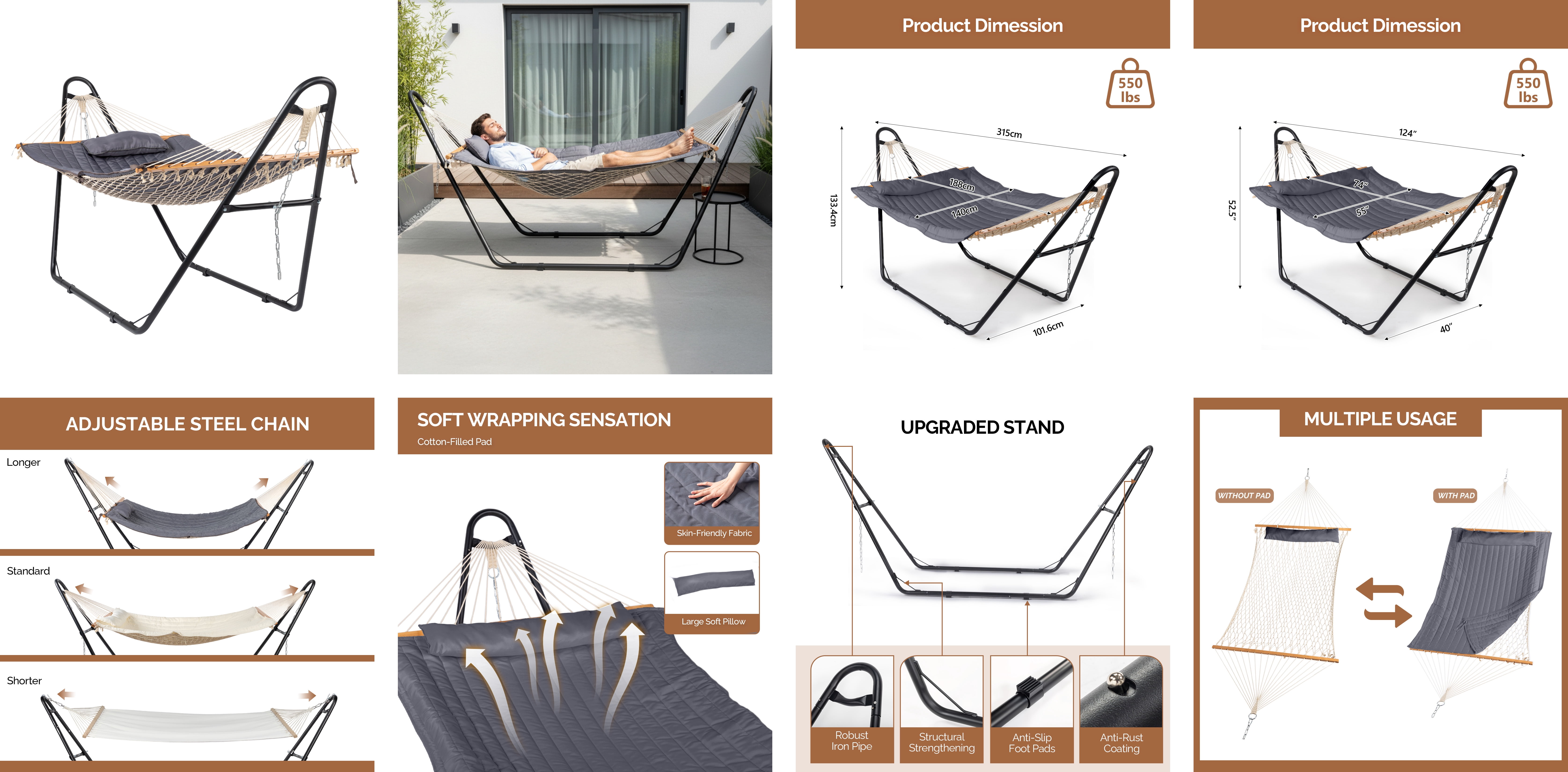 Hammock with Stand, Double-Barrel Hammock with Hammock Bed, Heavy Duty Adjustable Hammock Set for Outdoors, Patio, Yard, Garden, Gray