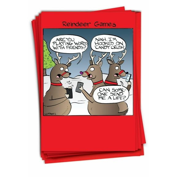 Pack of 12 Merry Christmas Cards Funny (1 Design, 12 Cards) - Reindeer Games C4525XSG-B12