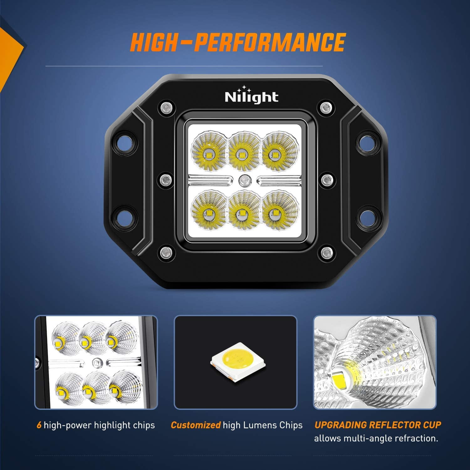 Nilight 2Pcs 18W 8inch Flush Mount Flood Off-Road Lights 12V 5Pin Rocker Switch Led Light Bar Wiring Harness Kit