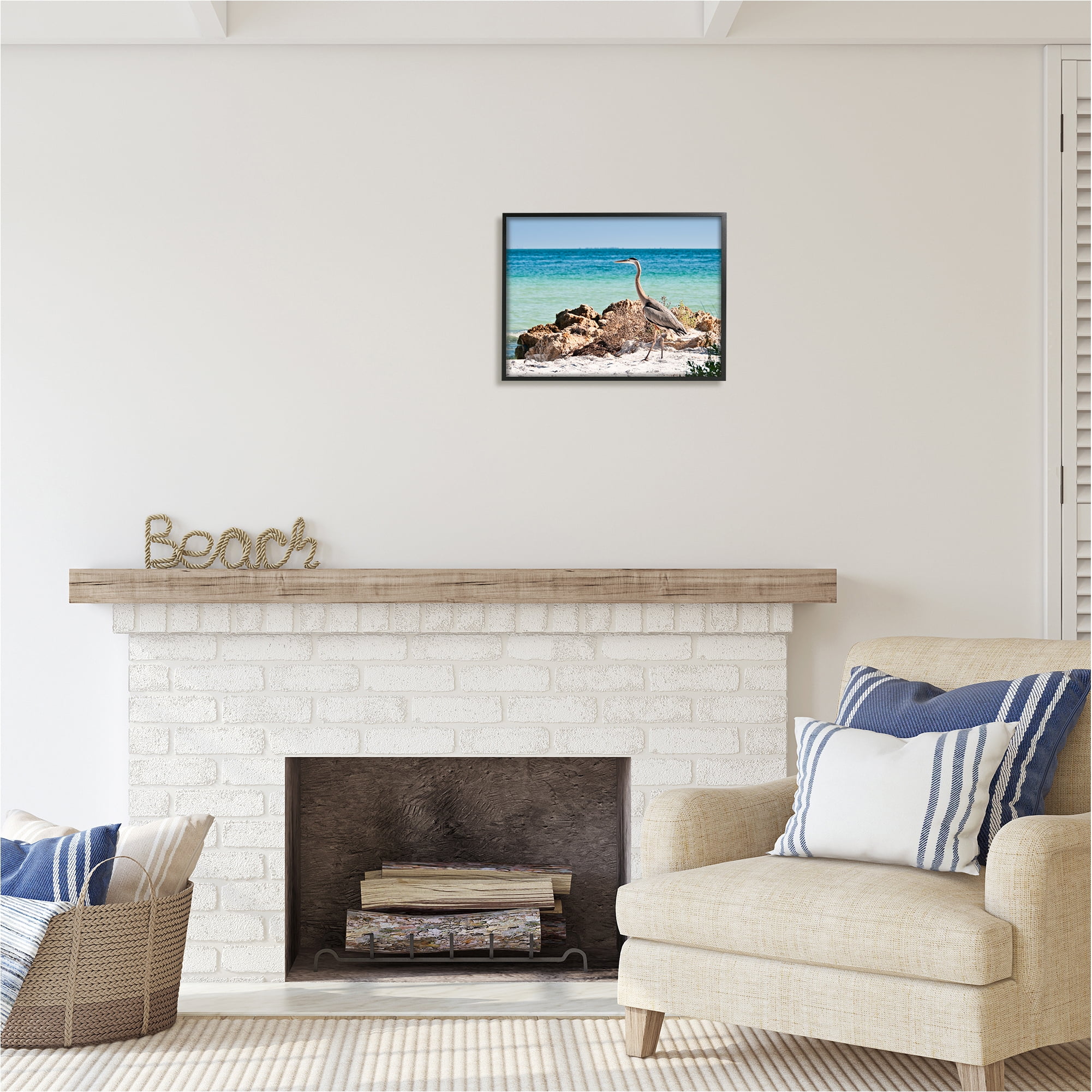 Stupell Industries Heron Watching Ocean Animals & Insects Photography Black Framed Art Print Wall Art, 20 x 16