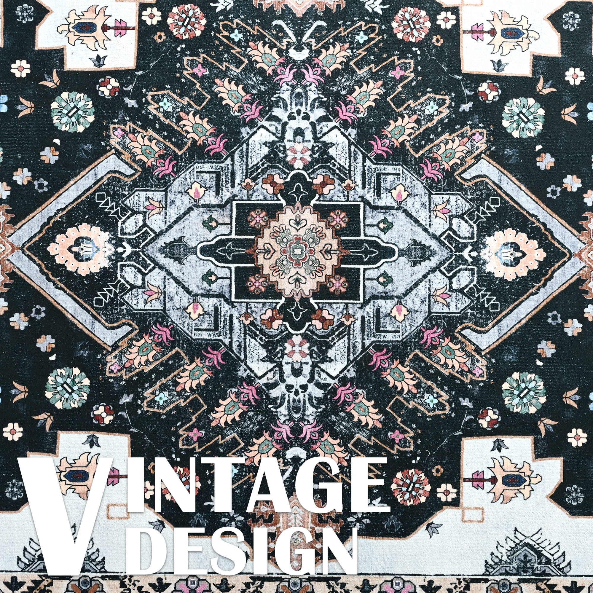 Softlife Ultra-Thin Chenille Vintage Area Rug Oriental Tribal Antique Carpet Boho Style, 5' x 8', Black