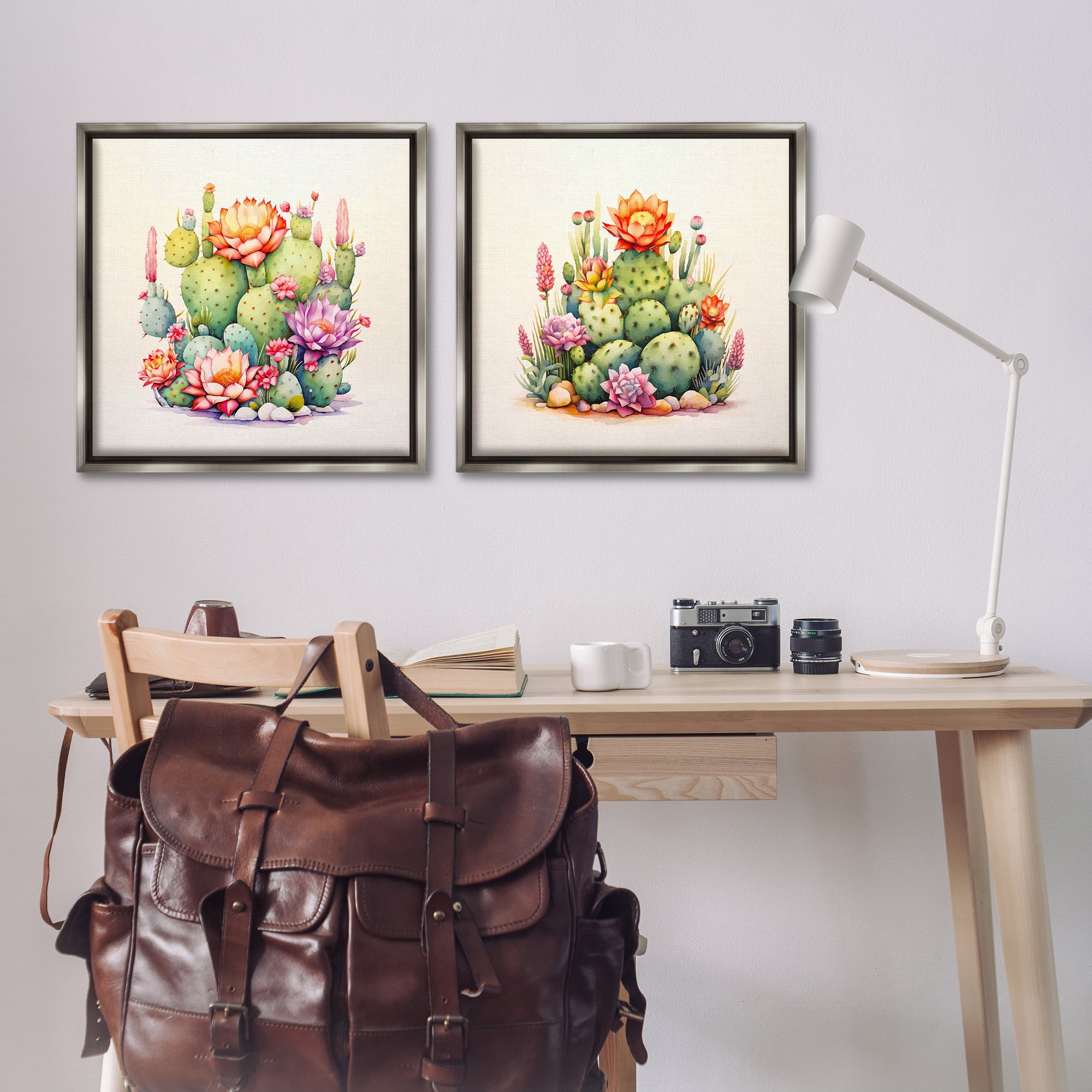 Stupell Industries Desert Spring Cactus Flowers Plants & Flowers Painting Gray Floater Framed Canvas Art Print Wall Art, 25 x 25, Set of 2