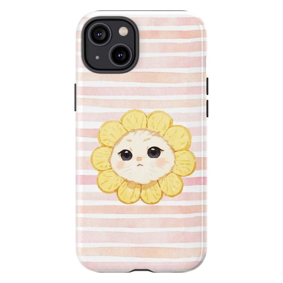 Cute Cat Sunflower Phone Case, Adorable Pet Face Design with Pink Stripes, Protective Matte iPhone Cover for iPhone 17 16 15 14 13 12 11, Fun Animal Lover Gift