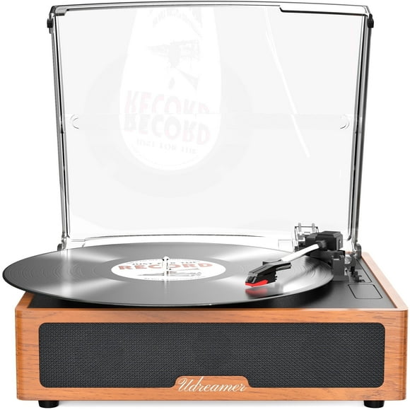 Udreamer Vinyl Record Players Stereo Turntable Vinyl Player 3-Speed & Bluetooth, All In One Vintage Audio Turntables,Wood Colour