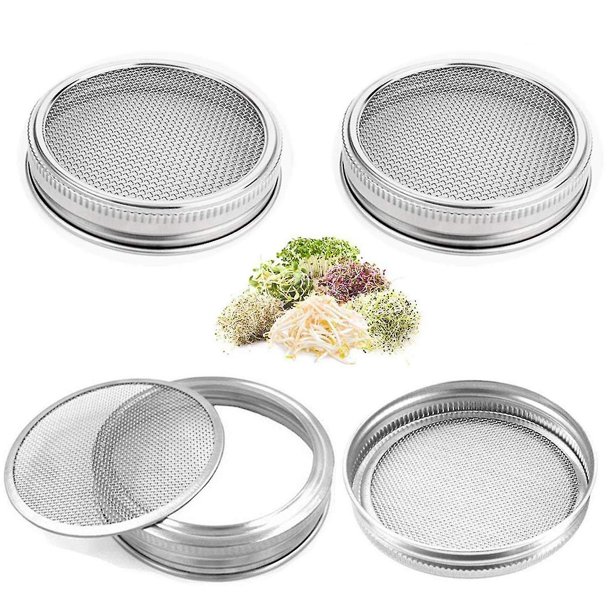 Paquete de 4 tapas de pantalla para tarros de brotes, tapas de brotes de acero inoxidable 304 para tarros Mason de boca ancha de 32 Oz