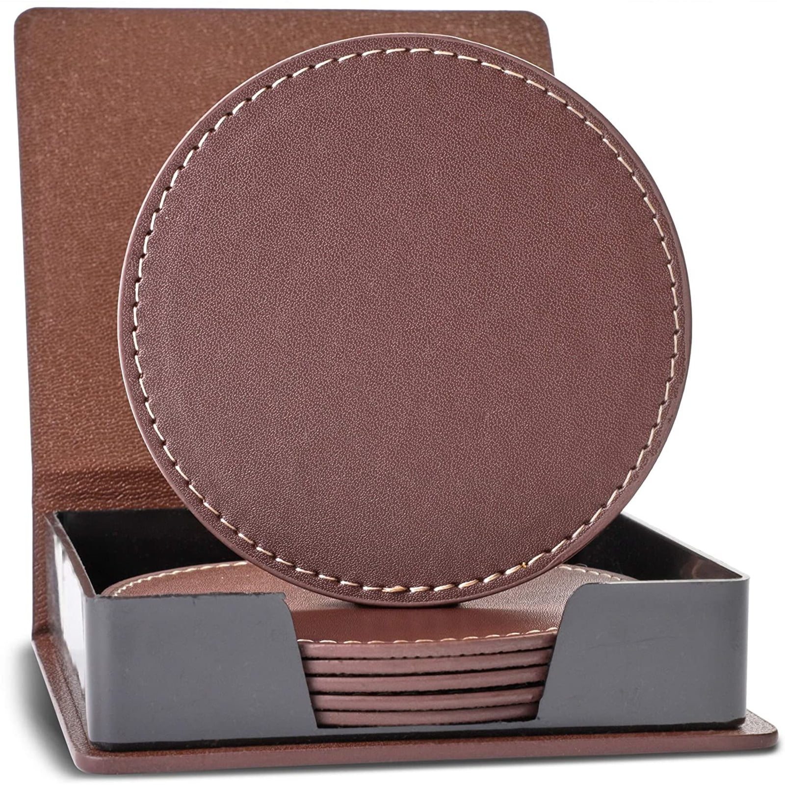 Leather Coasters Set of 5 with Holder,Round Cup Mat Pad for Home and Kitchen Use Brown