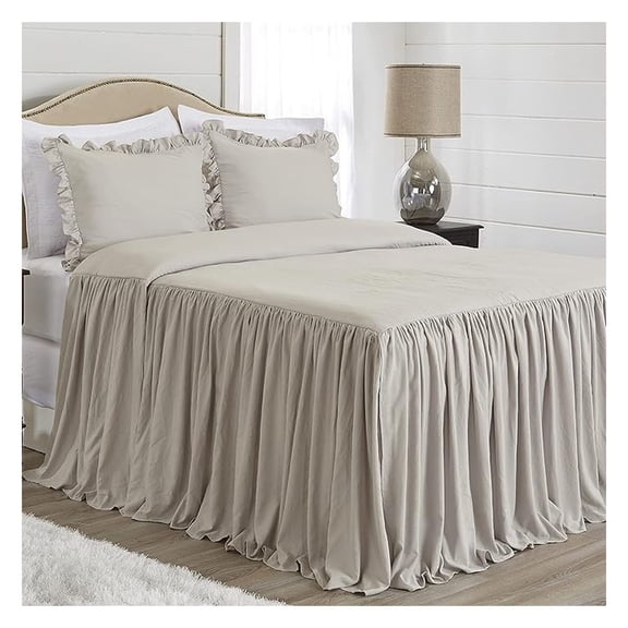 Taupe Boho Shabby Chic Bohemian Bedspread Cover and Sham 3 pc King Size Bed Bedding Set Bedroom Coverlet With Extra Long Skirt Neutral Vintage French Country Lush Glam Victorian Farmhouse