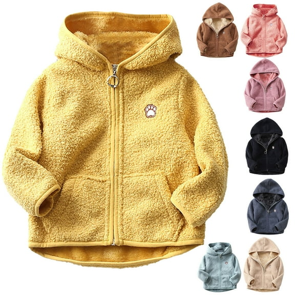 Zwiiyzr 1-6Y Boys and Girls Faux Shearling Jacket Trendy Solid Color Cute Plush Thick Keep Warm Zipper Hoodie Outerwear Winter Coat Beige