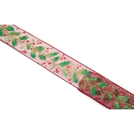 Burgundy Holly and Berries Print Wired Christmas Wedding Ribbon 2.5" x 10 Yds