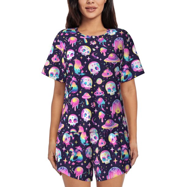 Fotbe Skull mushroom space Conjunto de Pijama Estampado para Mujer, 2 Piezas, Ropa de Dormir con Camiseta de Manga Corta y Shorts Suaves-X-Large