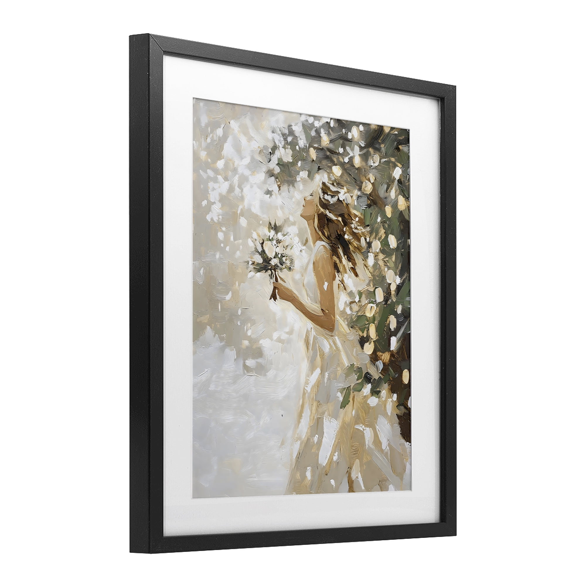Soft White Snow Flurry Black Framed Print Under Glass, design by LSR Design Studio