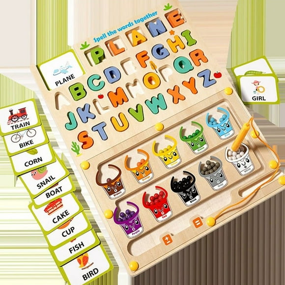 Qaailabf Children's Magnetic Wooden Bead Maze Toy, Learning Tool for Hand-Eye Coordination and Problem-Solving, Safe Durable Wood, Bright Colors, Includes Pen Maze, 26 Letter Blocks, 15 Cards