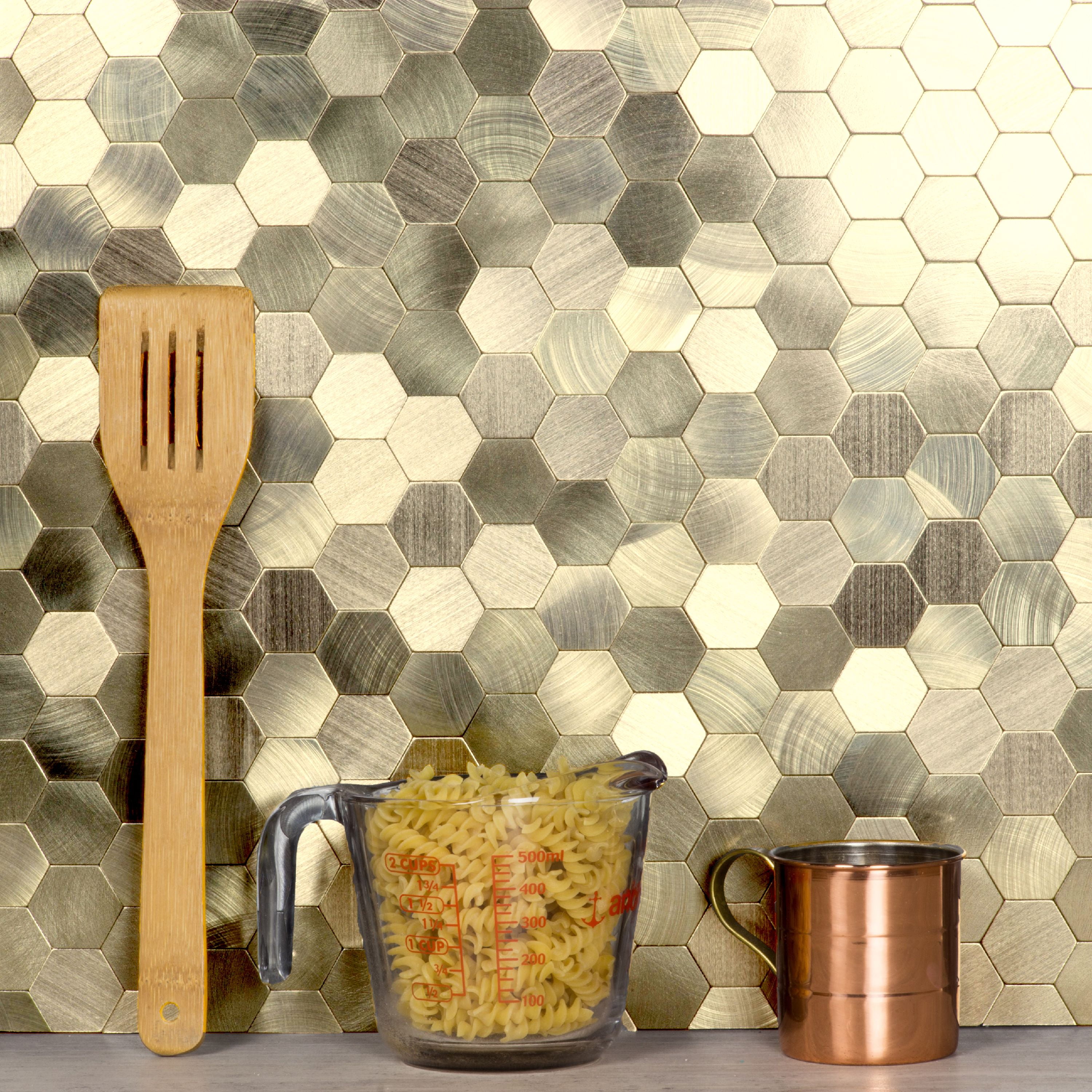 Abolos- Enchanting Hexagon Wall Backsplash 12" x 12" Peel and Stick Metal Mosaic Tile in Gold (19.80sqft / 22pc Box)