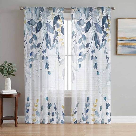 Sheer Curtains 72 Inches Long 2 Panels Set for Bedroom, Navy Blue Eucalyptus Leaves Semi Sheer Curtains for Windows, Retro Country Leaf Botanical Voile Window Treatments Rod Pocket Curtain