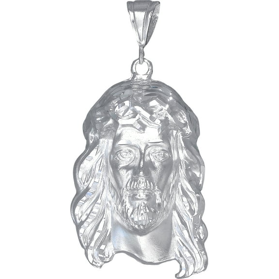 Large Sterling Silver Jesus Head Pendant Necklace Diamond Cut Finish with 24 Inch Chain