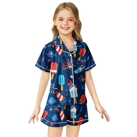 Gbsyewxs Girls Outfits Sets 2 Piece Crew Neck Short Sleeve Independence Day Print Tops And Shorts Set Casual Summer Toddler Outfits Navy Size 8-9 Years