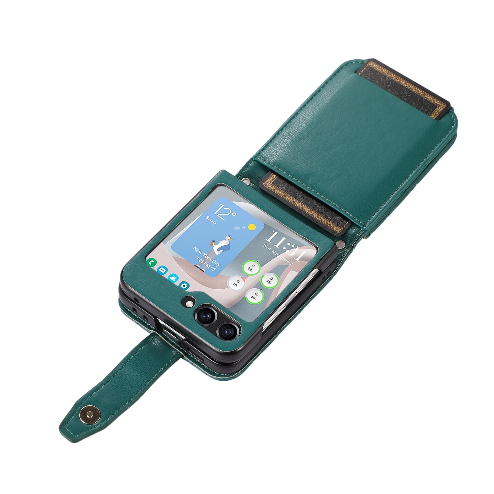 TECH CIRCLE Cover for Samsung Galaxy Z Flip5 Case with Shoulder Strap+Wristlet, Elegant Phone Handbag Design Multiple Card Slots Pocket Wallet Case for Galaxy Z Flip 5 Full Protective Shell-Dark Green