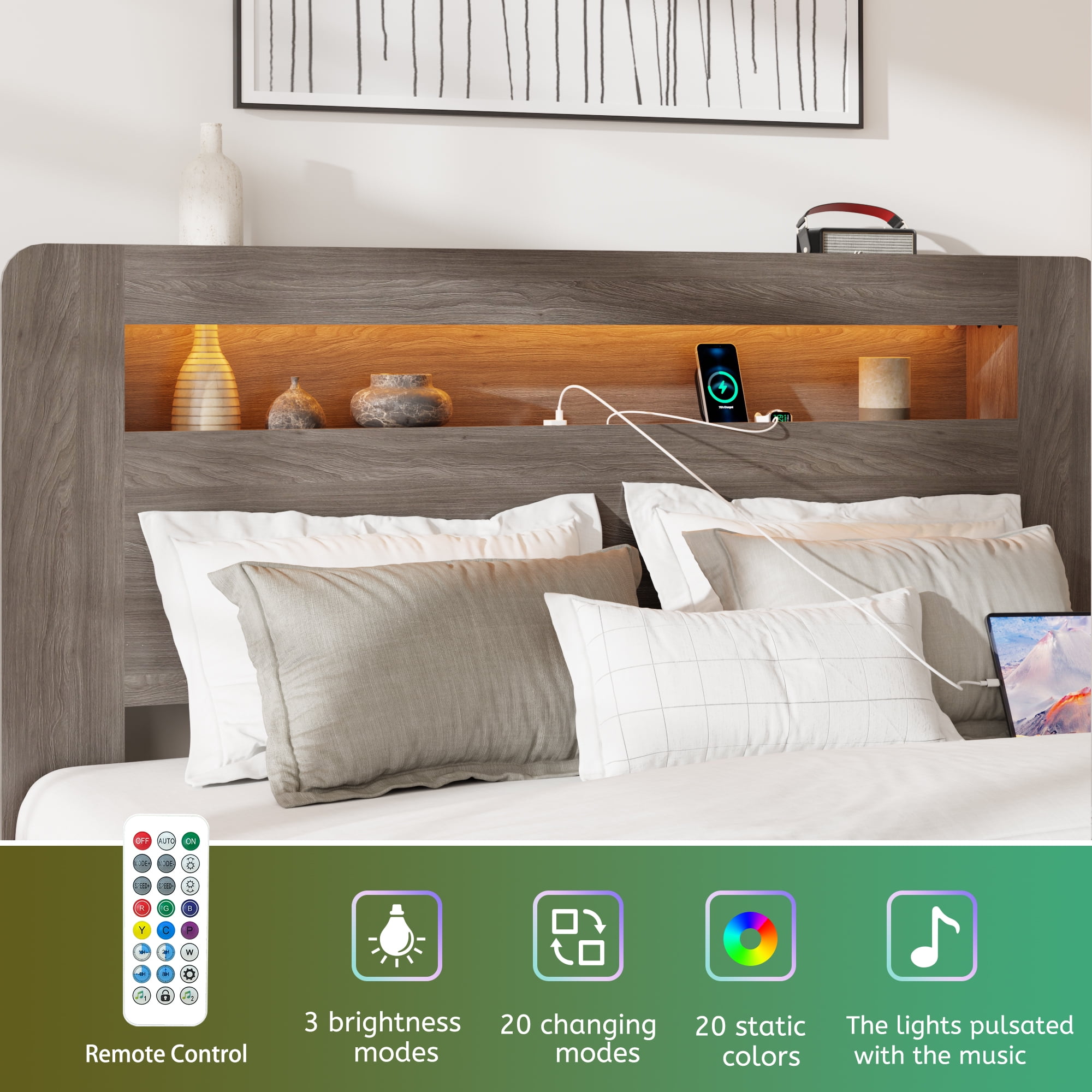 Yoneston Queen Size Power Outlet Bed Frame with 2-Tier Wood Storage Headboard, Metal Platform Bed Frame with LED Light and Side Bookshelves, Dark Gray