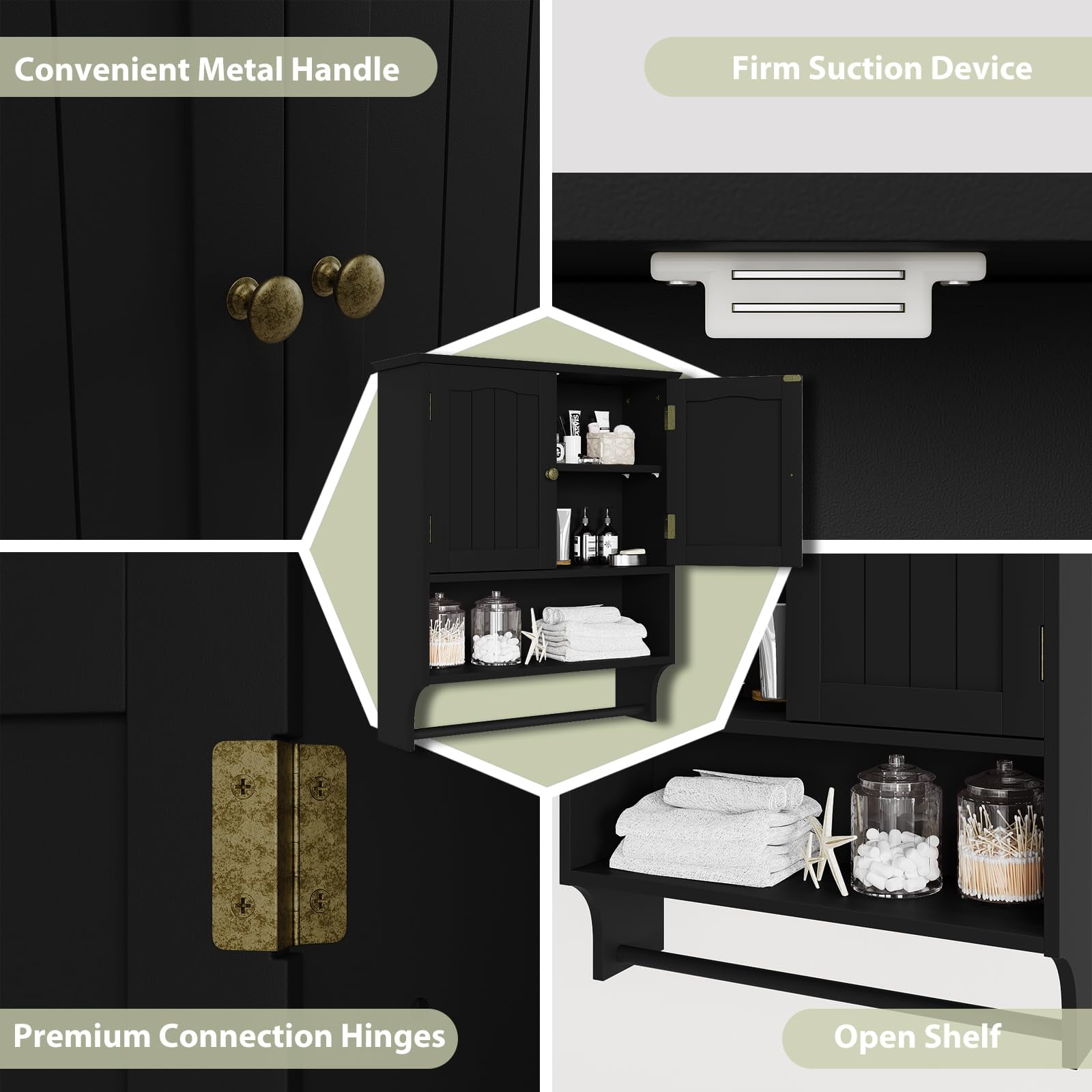 Algherohein Bathroom Medicine Cabinet with Shelf and Towels Bar,Over the Toilet Storage Wall Cabinet,Black Large