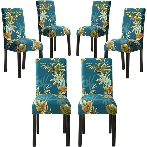 4,6,8 Pack Dining Room Chair Covers, Elastic Chair Covers For Dining Room 6 Pack, Parson Chair Covers Set Of 6, Printed Kitchen Chair Protector, Dining Chair Cover Set Of 4,6,8, Teal Leaves