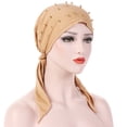 thumbnail image 3 of Beaded Stretch Turban Hat for Women - Elegant Indian Style Muslim Hijab Cap with Pearl Embellishments, Soft Breathable Double-Layer Head Wrap, Casual Sport & Religious Headscarf Khaki, 3 of 6