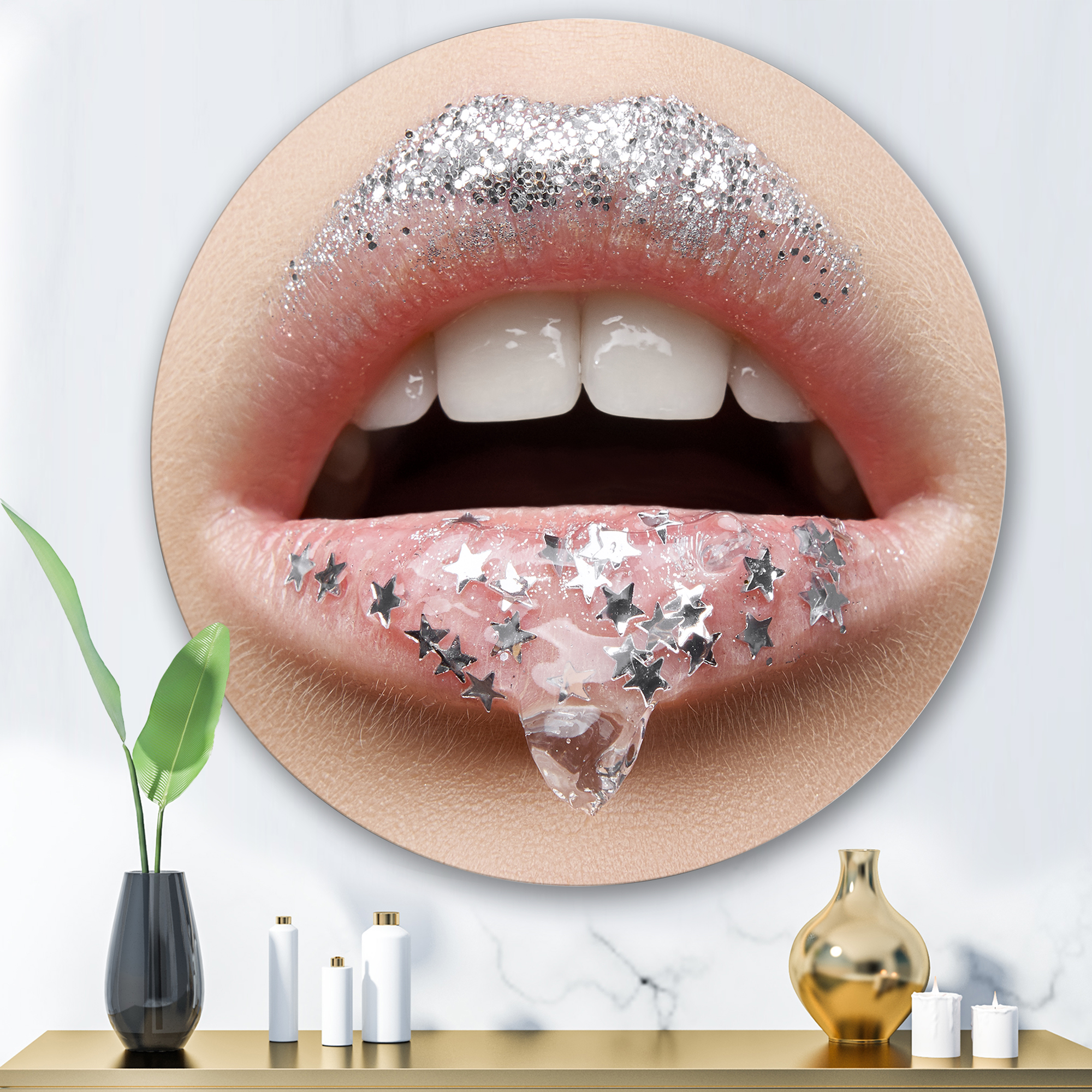 Designart 'Woman Lips With A Gel On The Lips & Stars' Modern Circle Metal Wall Art 36x36 - Disc of 36