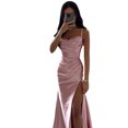 thumbnail image 5 of Quixlent Lady Evening Dress Low-cut V Neck Sleeveless Spaghetti Strap Satin Pleated High Split Solid Color Tight Waist Slim Fit Full Length Summer Prom Party Gown Ball, 5 of 8