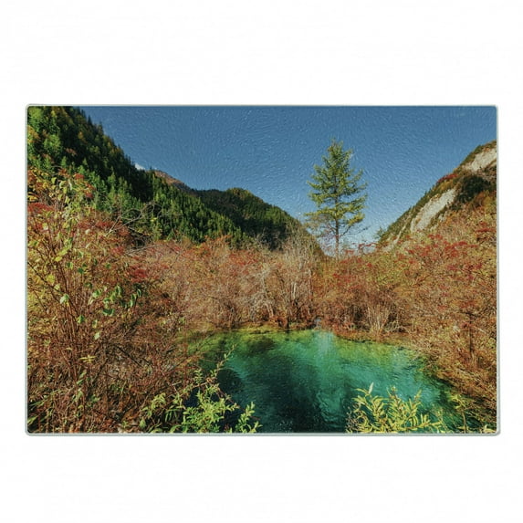 Nature Cutting Board, Idyllic Fall Landscape with a Creek Among the Forest in National Park Valley Art, Decorative Tempered Glass Cutting and Serving Board, Small Size, Green Amber, by Ambesonne