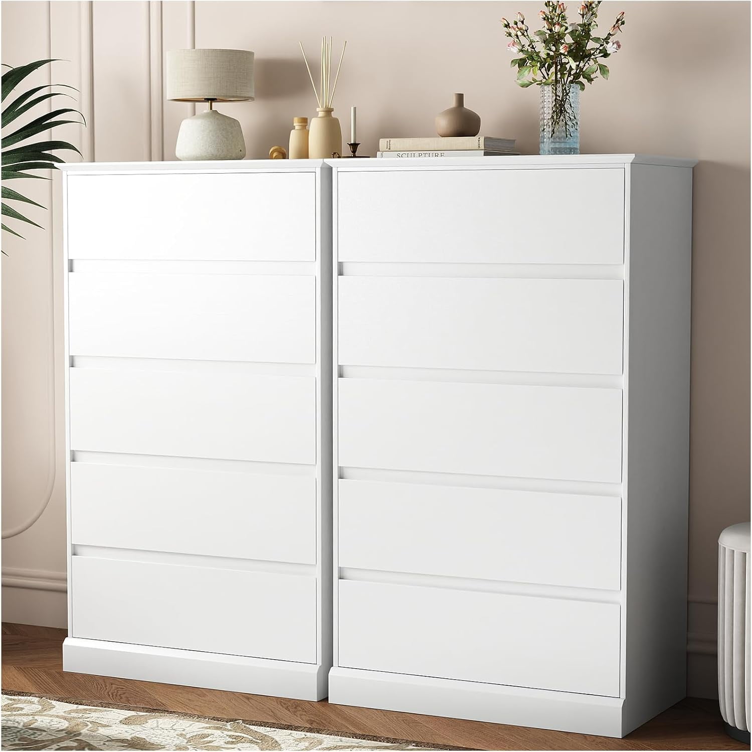 5 Drawer Dresser for Bedroom, 15.8" D x 27.6" W x 48.4" H in Simply Modern Chest of Drawers, Wood Storage Dresser with Deep Drawers for Living Room Hallway Entryway, White