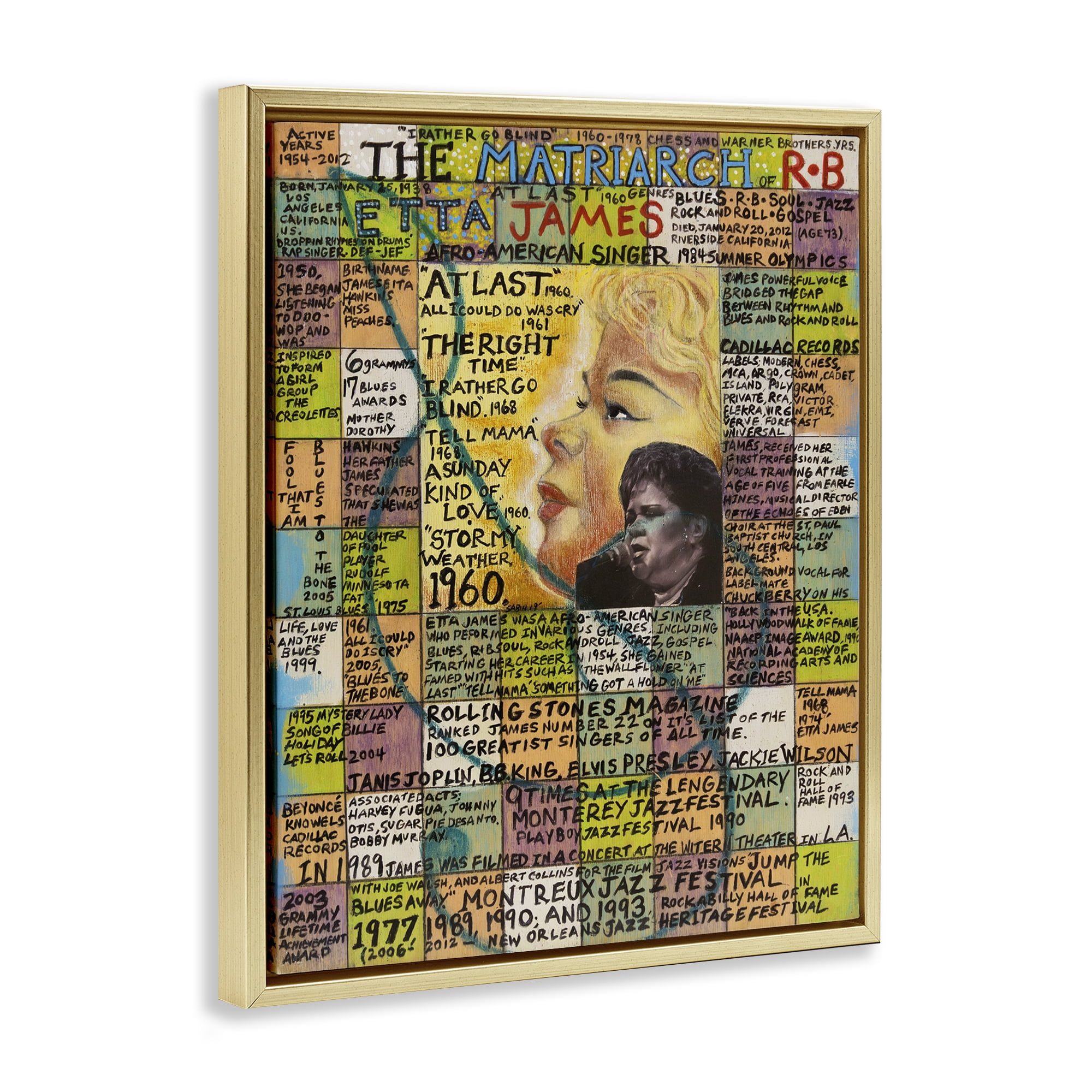 Stupell Industries Etta James Collage People Drawing Gold Floater Framed Canvas Art Print Wall Art, 17 x 21