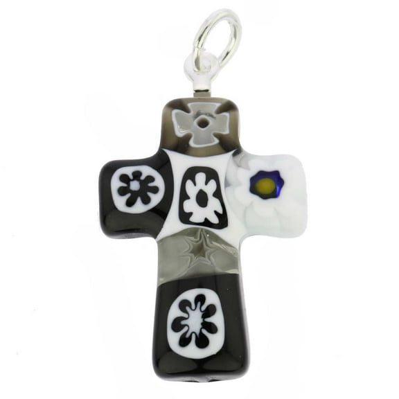 GlassOfVenice Murano Glass Black and White Millefiori Small Cross Pendant
