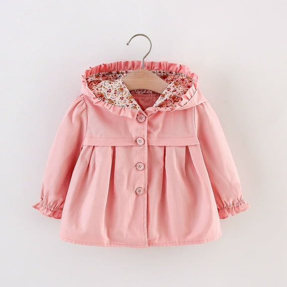 WOYY Toddle Girls Hooded Jacket Floral Ruffle Trench Coat Spring Fall Button Outerwear