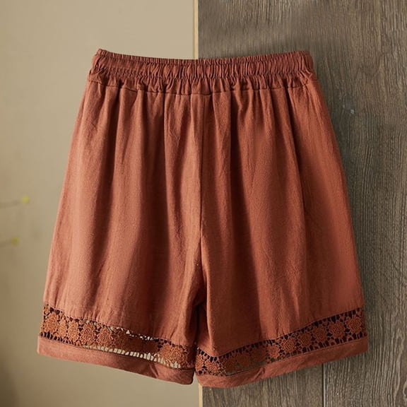 CQONEPT Women's Boho Shorts Lace Lounge Flow Elastic Waist Summer Pants Hollowed Out Drawstring Vacation Pants with Pockets Coffee 4XL