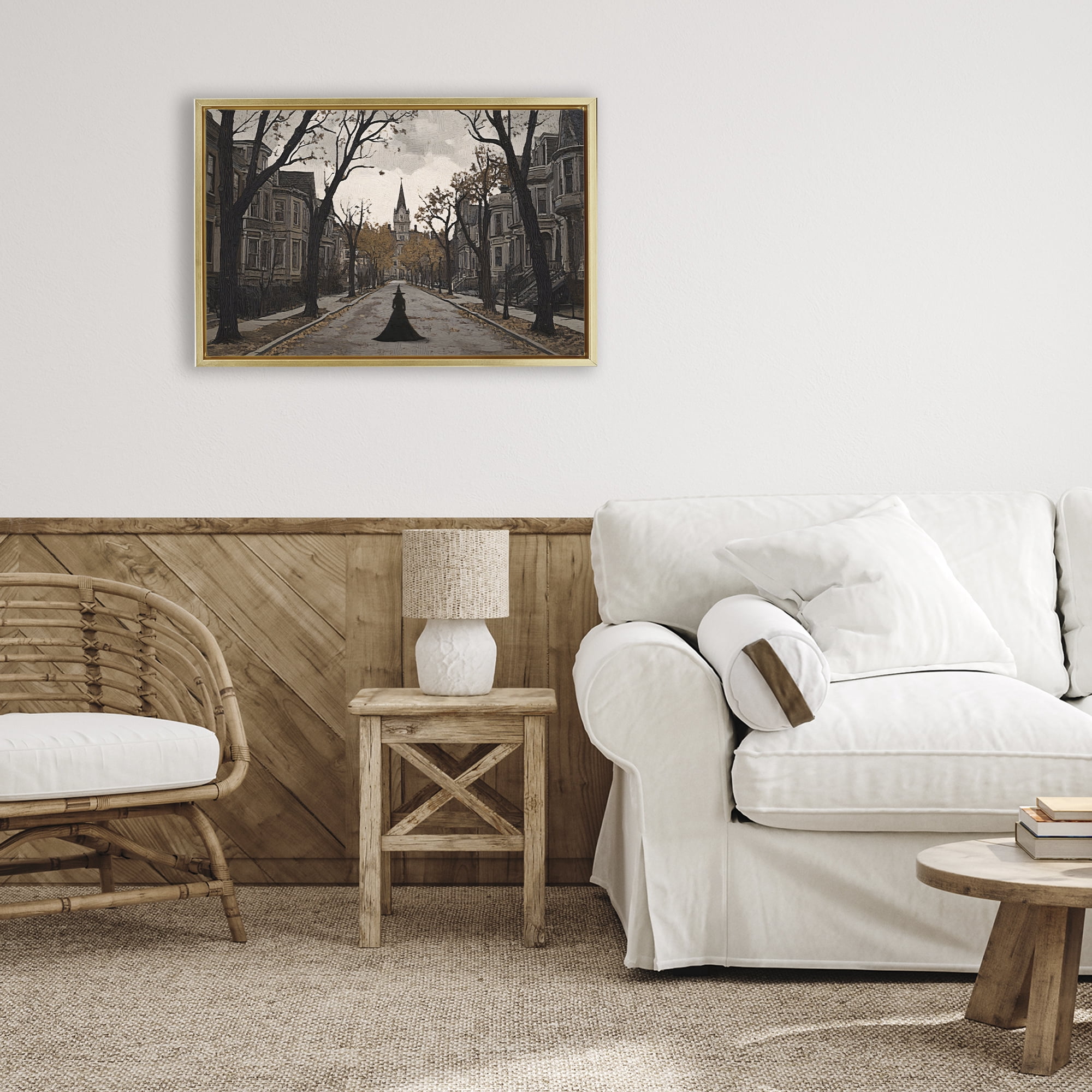 Stupell Industries Witch Strolling Town Streets Gold Framed Floater Canvas Wall Art, design by Jacky Ngan
