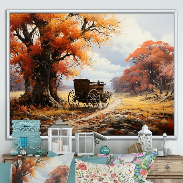 Designart Old American Cart framed wall Art, Seasons of an Orange Old Cart I , Old American Cart Large framed wall art decor, Orange Modern White Framed Wall Art, White Color Frame