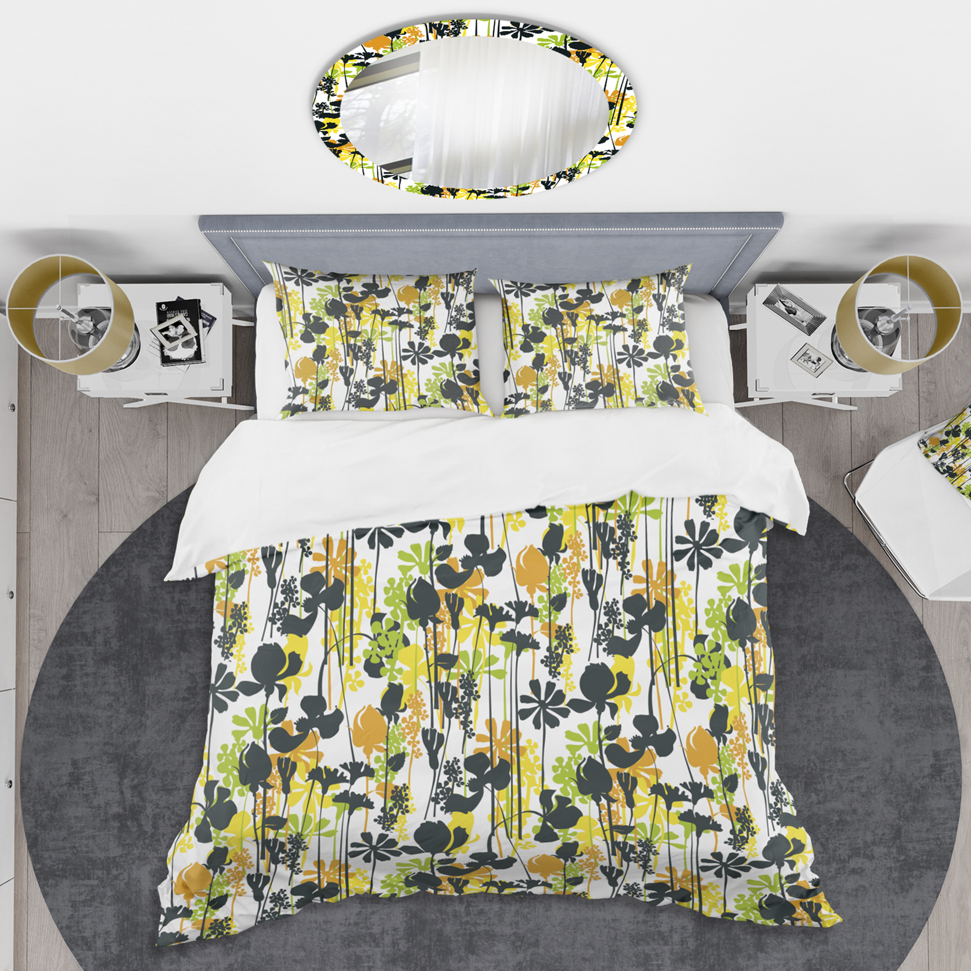 Designart 'Summer meadow pattern, black silhouettes' Mid-Century Modern Duvet Cover Set