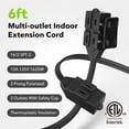 thumbnail image 3 of KitchenK 6ft Indoor Extension Cord, 2 Pack, 3-Outlet Polarized Flat Cable, Household Power Cord for Home, Office, and Holiday Decorations, Black, 3 of 15