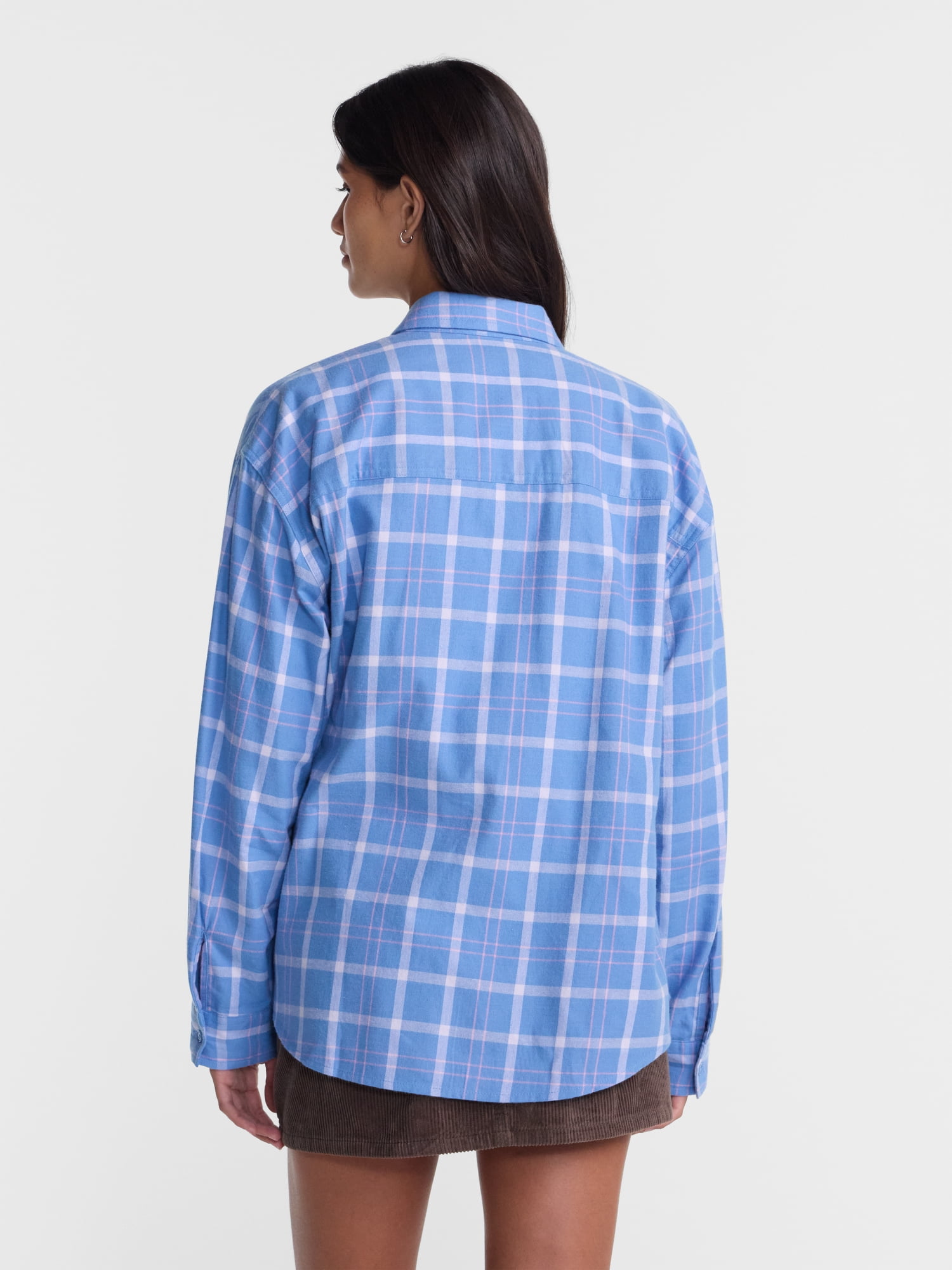 No Boundaries Plaid Flannel Shirt with Long Sleeves, Women's XXS-XXL