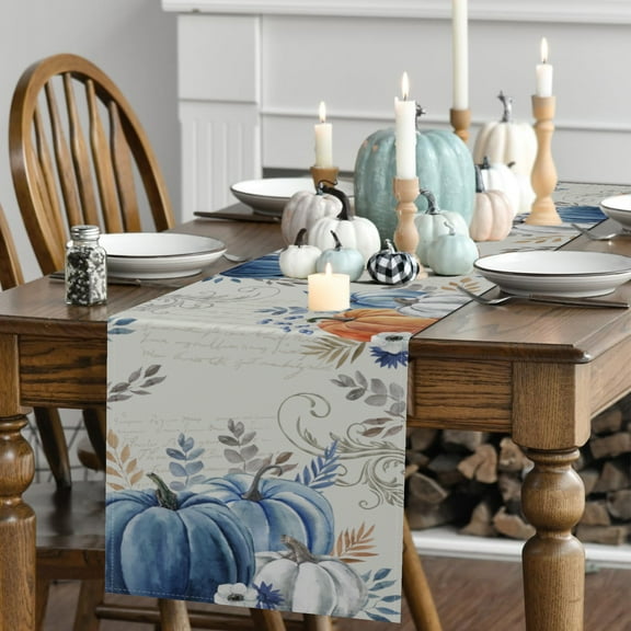 SUNOLIFE Fall Thanksgiving Table Runner Blue Autumn Pumpkins Kitchen Dining Table Decorations 13 x 72 Inch