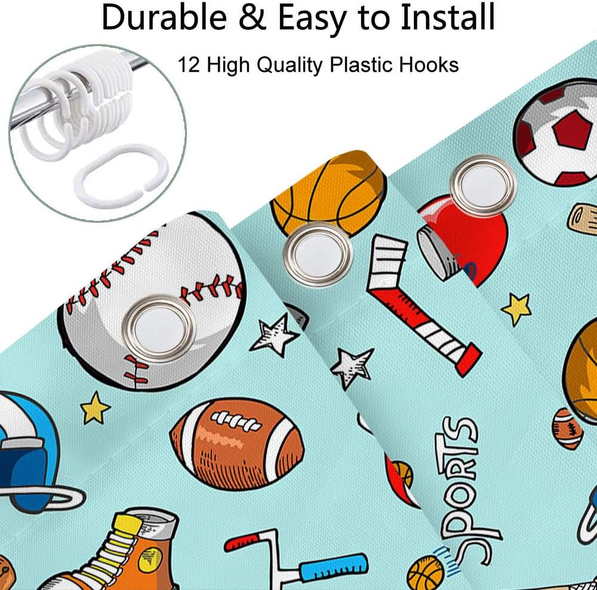 Sports Shower Curtain for Kids Children Teens, Basketball Football Baseball Hockey Star Teal Shower Curtain Sports Bathroom Decor, Fabric Baseball Shower Curtain Set with Hooks (72X84), Teal