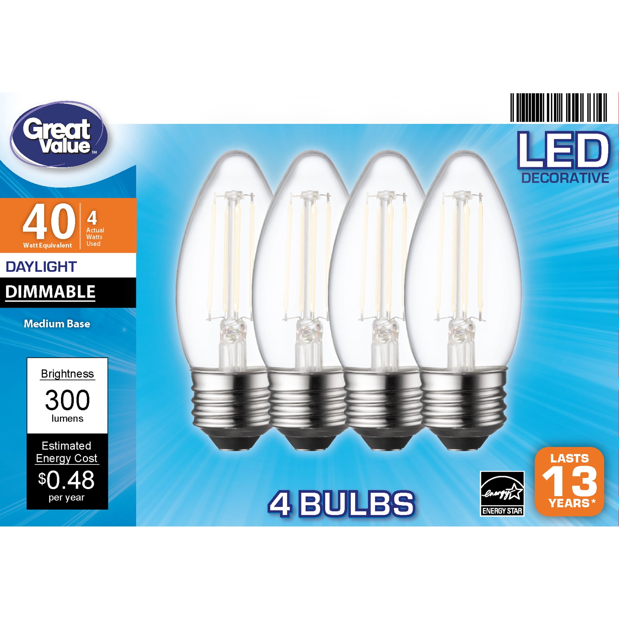 Great Value LED Light Bulb, 4W (40W Equivalent) B10 Deco Lamp E26 Medium Base, Dimmable, Daylight, 4-Pack