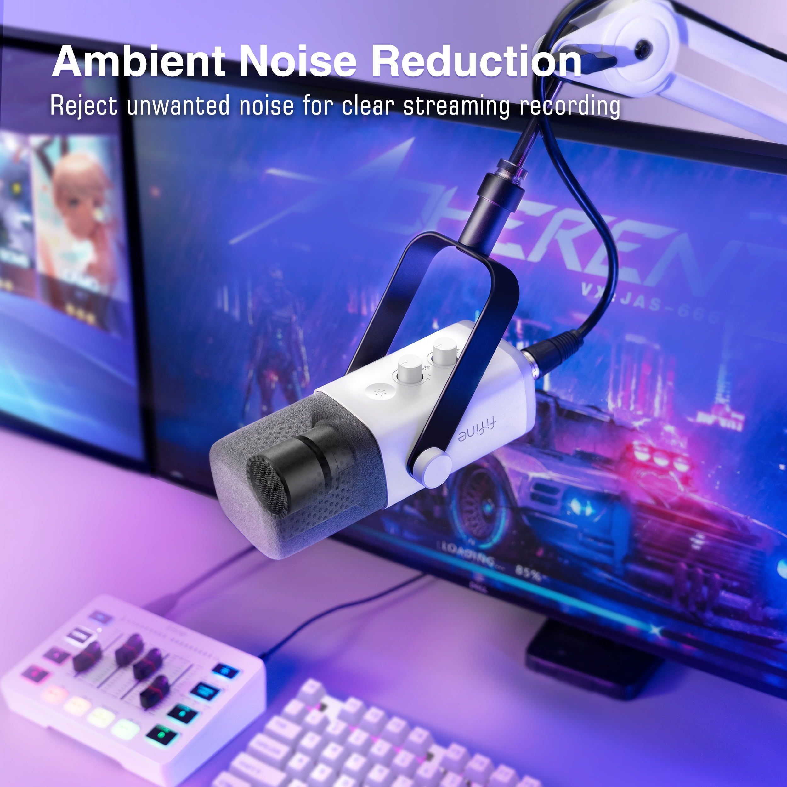 FIFINE AM8 XLR USB Dynamic Microphone for Computer PC PS5, Gaming/Streaming Mic with RGB, Headphone Jack, Mute, Gain Knob for Podcast, Music Recording, White